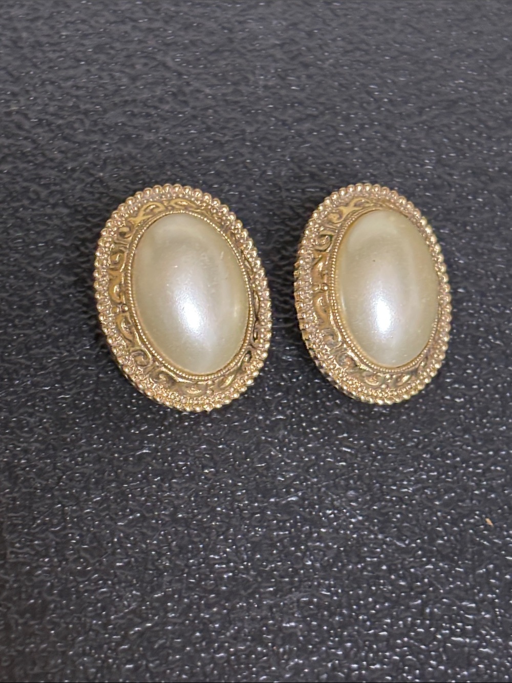 Elegant Gold-Tone Oval Faux Pearl Cabochon Pierced Earrings